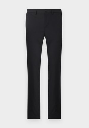 Schwarze Hose mit geradem Bein-Design, aus glattem Stoff gefertigt. Verfügt über Fronttaschen, einen Knopfverschluss und Gürtelschlaufen.
