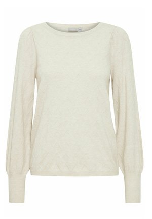 Suéter beige claro con un patrón de zigzag texturizado, escote redondo y mangas largas abullonadas. Fabricado con un material suave y elástico.