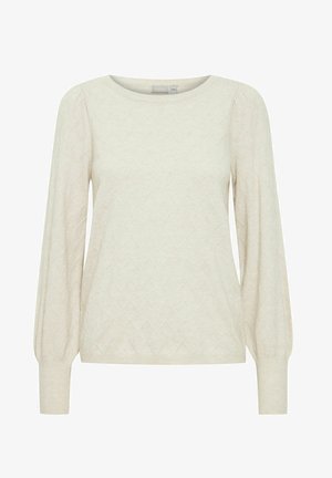 Svijetlosmeđi pulover s teksturiranim uzorkom u obliku cik-cak, okruglim izrezom i dugim, napuhanim rukavima. Izrađen od mekane, rastezljive tkanine.