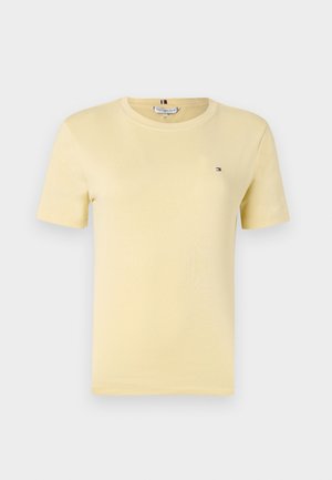 Yellow short-sleeve t-shirt made of soft fabric, featuring a round neck and a small logo on the left chest area. Smooth texture.