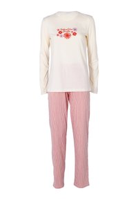 Top a maniche lunghe color crema con ricami floreali e testo, abbinato a pantaloni del pigiama a righe rosse e bianche. Tessuto morbido, vestibilità comoda.