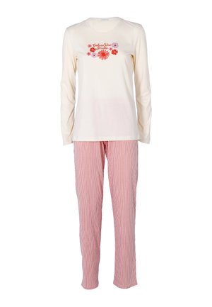 Top a maniche lunghe color crema con ricami floreali e testo, abbinato a pantaloni del pigiama a righe rosse e bianche. Tessuto morbido, vestibilità comoda.
