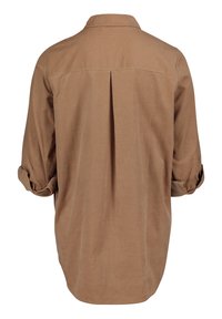 Brun skjorta med knapp-up, med nedvikt krage, uppvikta ärmar, bakveck och en slät textur, med en rak fåll.