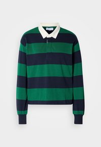 Polo shirt met lange mouwen met groene en marineblauwe horizontale strepen, voorzien van een witte kraag en knoopsluiting. Gemaakt van zacht katoenmateriaal.