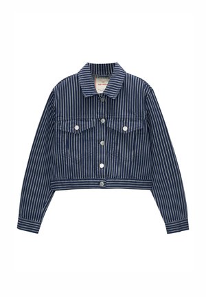 Kort denimjacka, marinblå med vita vertikala ränder, två bröstfickor, silverfärgade tryckknappar och spetsig krage. Texturerad tyg.