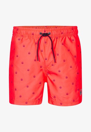 Rode zwemshorts van lichtgewicht stof, met een trekkoord in de taille, kleine zonpatronen in donkerblauw en een logo patch aan de zijkant.