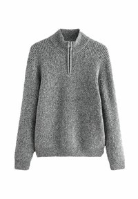 Hellgrauer, gerippter Strickpullover mit hohem Kragen und Viertelreißverschluss, langen Ärmeln und lockerer Passform. Weiche Textur, keine Muster.