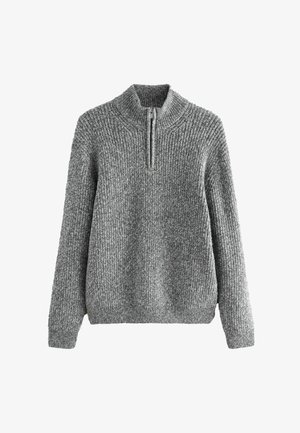 Light gray, ribbed knit sweater with a high collar and quarter-zip closure, long sleeves, and a relaxed fit. Soft texture, no patterns.