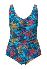 En delad baddräkt med V-ringning, med en blå bakgrund och intrikata blommönster i röd, rosa och gul. Texturerad tyg med rynkning.