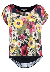 Blomstrede kortærmede top med en blanding af gule, lyserøde og hvide blomster på en mørk baggrund. Rundet kant med sort trim. Blødt materiale.