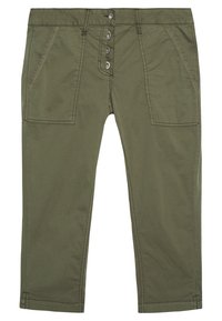 Pantalons en mélange de coton verts avec une coupe droite, fermeture à cinq boutons et deux grandes poches avant. Présente des coutures visibles et des ourlets retroussés.