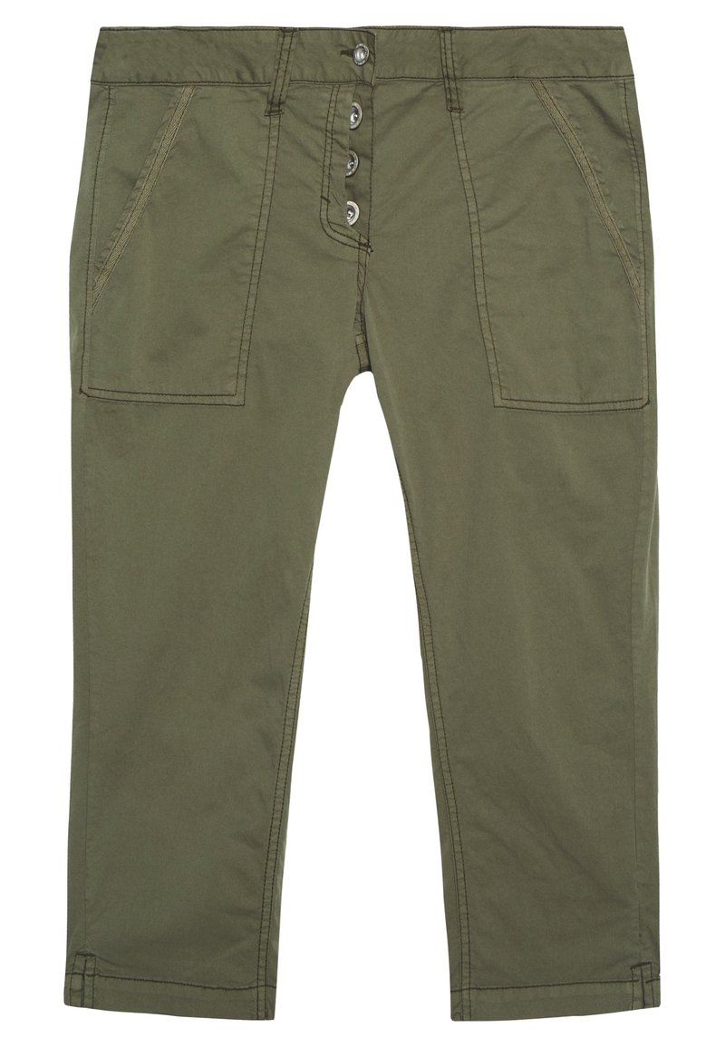 Pantalons en mélange de coton verts avec une coupe droite, fermeture à cinq boutons et deux grandes poches avant. Présente des coutures visibles et des ourlets retroussés.
