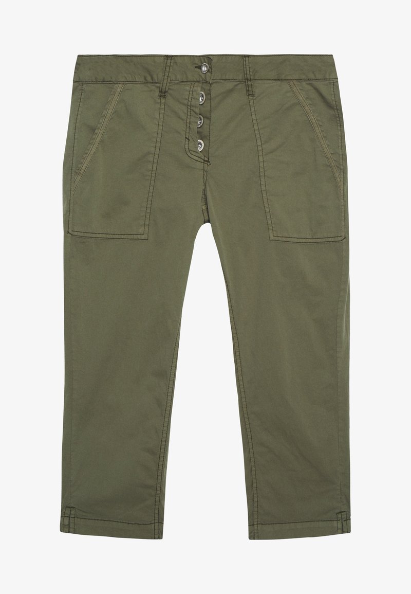 Pantalons en mélange de coton verts avec une coupe droite, fermeture à cinq boutons et deux grandes poches avant. Présente des coutures visibles et des ourlets retroussés.