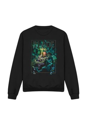 Schwarzer Sweatshirt mit Grafik eines Kriegers, der gegen grüne Monster kämpft und ein leuchtendes Schwert hält, mit dem Wort "BLADE" darüber.