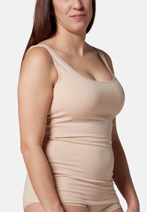 Beiges Tanktop aus weichem, dehnbarem Stoff. Verfügt über breite Träger und einen Ausschnitt mit Rundhals, entworfen für eine enge Passform.