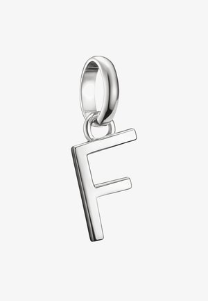 Ciondolo in argento a forma di lettera maiuscola "F". Finitura liscia e lucida con un anello circolare per il fissaggio.