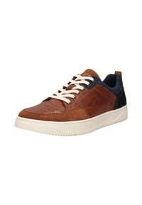 Brown leather and suede sneaker with cream laces. Features a textured toe cap, perforations, and a navy heel accent on a white sole.