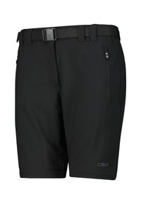 Svarta shorts i lätt tyg, med ett robust midjebälte, sidofickor med dragkedja och en ren, rak siluett.