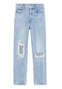 Jeans de mezclilla azul claro con un ajuste de cintura alta, que presentan desgastes en la parte frontal, patas rectas y un diseño clásico de cinco bolsillos.
