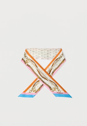 Pavlos svile z vzorcem verige in usnjenega traku, obrobljen z oranžno, roza in modro barvo, prepognjen v obliko črke X, logotip Pinko na konici.