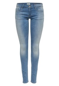 Jeans ajustados de denim azul claro con ligeros desgastes y detalles desgastados en las rodillas. Diseño estándar de cinco bolsillos con cremallera.