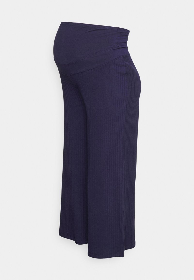 Tmavě modré ribbed těhotenské kalhoty s vysokým, elastickým pasem navržené tak, aby podporovaly těhotenské bříško.