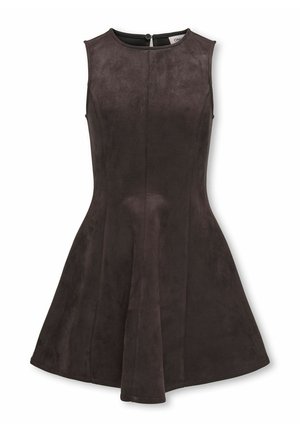Robe sans manches en daim marron foncé avec un col rond et une jupe évasée, présentée à plat sur fond blanc.