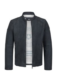 Schwarze Lederjacke mit Stehkragen, Reißverschluss vorne und zwei Seitentaschen. Textilfutter mit sichtbarem Grafikdruck innen.