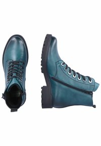 Bottines en cuir teal avec lacets noirs, fermeture éclair sur le côté, semelle en caoutchouc robuste et design à bout rond. Texture lisse, style minimaliste.