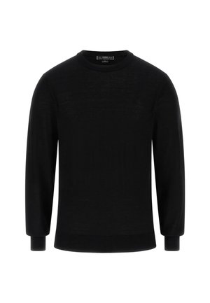 Pulover negru cu mâneci lungi, cu guler rotund, confecționat dintr-un material moale, având manșete și tiv cu nervuri, punând în evidență o textură fină.