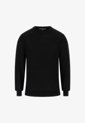 Must kämp, pikkade varrukatega, ümmarguse kaelusega, pehmest materjalist, ribatud mansettide ja alläärega, näidates siledat tekstuuri.