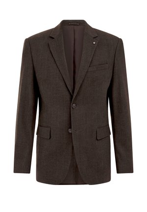 Temno rjav blazer iz teksturiranega materiala, enoredni dizajn s tremi gumbi, ovratnik in dva sprednja žepa.