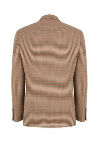 Brązakowa kurtka w wzór houndstooth o teksturowanym wykończeniu, z wyciętym kołnierzem, długimi rękawami i guzikami przy mankietach. Widok z tyłu ukazuje szczegóły szwów.