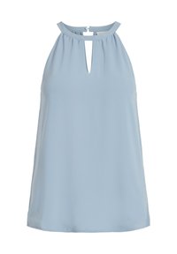 Světle modrá bezrukávová halenka s vykrojením u krku. Vyrobena z hladkého materiálu, má jemné drapování a zaoblený límeček.