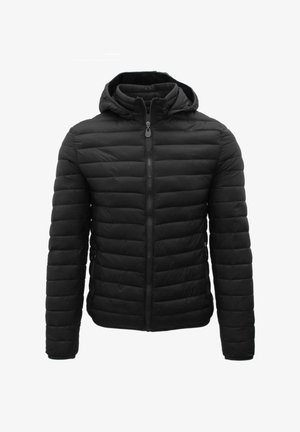 Giubbotto a sacco nero con cappuccio, dotato di chiusura con zip, design a righe orizzontali e due tasche laterali. Tessuto dalla texture liscia.