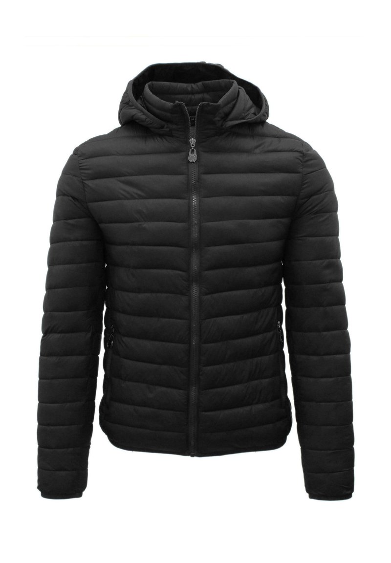 Giubbotto a sacco nero con cappuccio, dotato di chiusura con zip, design a righe orizzontali e due tasche laterali. Tessuto dalla texture liscia.