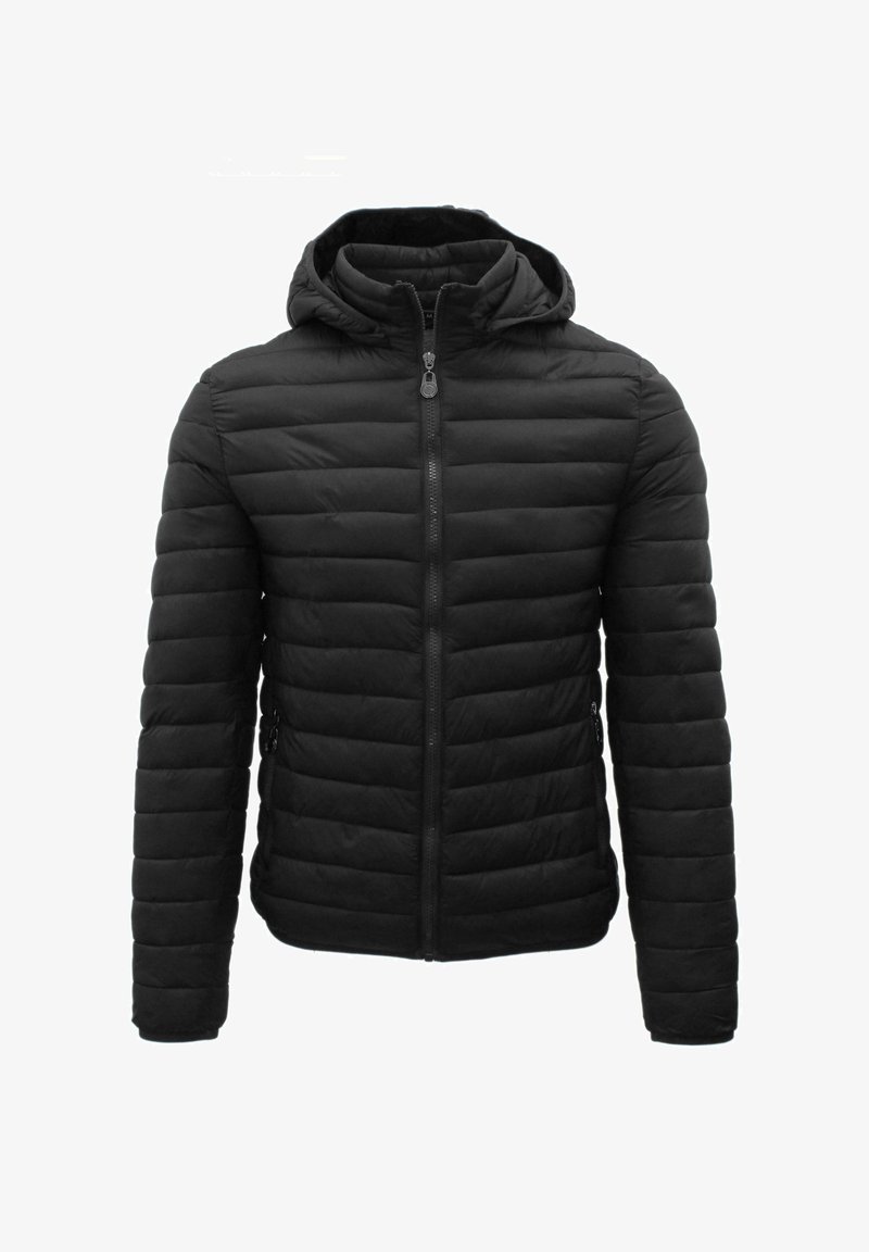 Giubbotto a sacco nero con cappuccio, dotato di chiusura con zip, design a righe orizzontali e due tasche laterali. Tessuto dalla texture liscia.