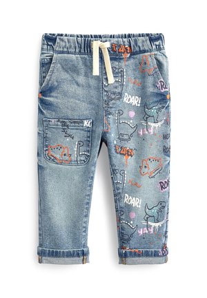 Light blue toddler jeans with dinosaur graphics, orange and white drawstring, front pocket, rolled cuffs, and playful text like "ROAR!" and "YAY!".