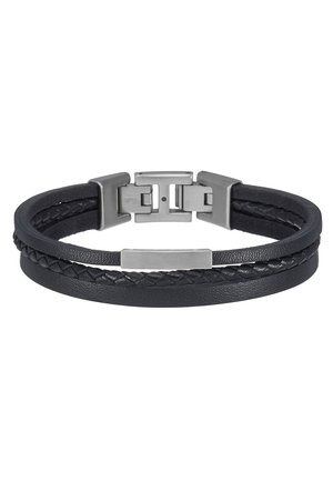 Black leather bracelet featuring two bands, one braided, with a silver-tone stainless steel clasp and an engraved rectangular accent.