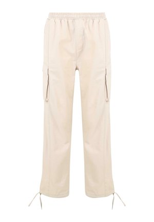 Beige cargo nadrág elasztikus derekú, oldalzsebekkel és állítható zsinórokkal a szegélyén. Puha, tartós anyagból készült.