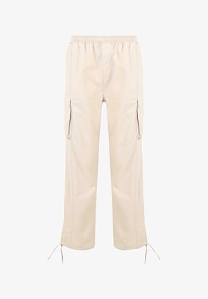 Beige cargo pants with an elastic waistband, side pockets, and adjustable drawstrings at the cuffs. Made of soft, durable fabric.