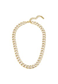 Guldtonet kæderekæde med store led, der har en lås i muslingeskal og en justerbar kæde til længdejustering.