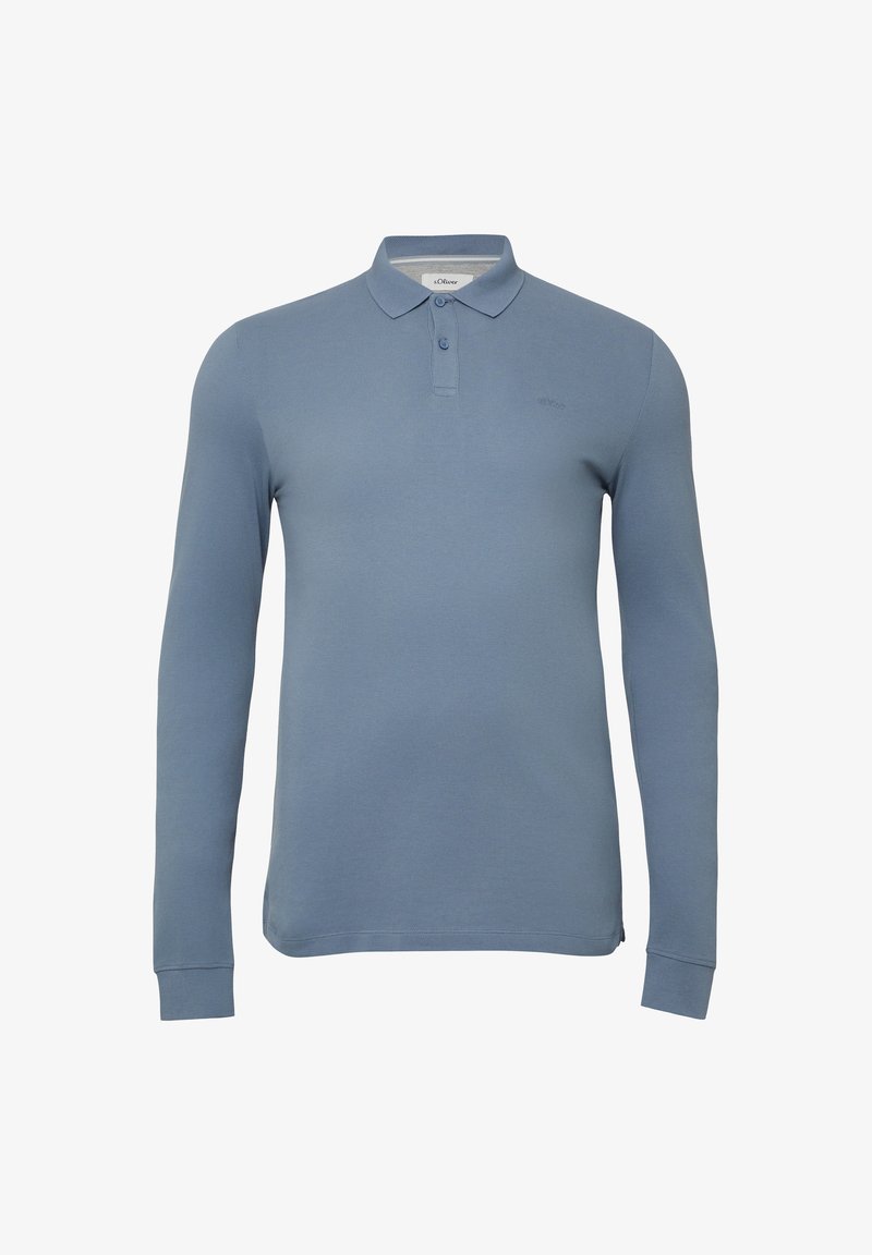 Hemd mit langen Ärmeln für Herren in Blau, Polo-Shirt mit zwei-Knopf-Knopfleiste und Kragen, schlichtes Design, auf einem weißen Hintergrund präsentiert.
