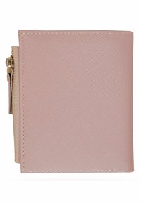 Rosa plånbok i strukturerat material, med en gyllene dragkedja och vita stygn. Kompakt fyrkantig form med en slät yta.