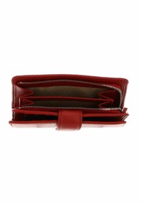 Portafoglio in pelle rossa con chiusura a zip, dotato di svariati slot per carte e scomparti. Superficie testurizzata con rivestimento marrone a contrasto.
