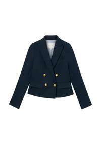Námořnický modrý dvouřadý blazer se zlatými knoflíky, dvěma předními kapsami a klopovým límcem; má pruhovanou vnitřní podšívku.