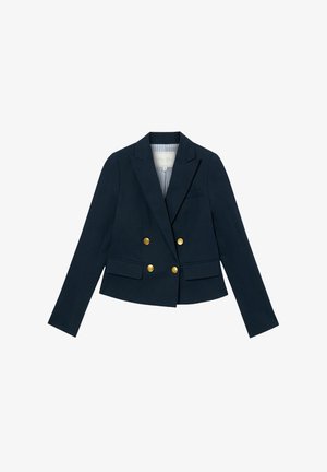 Navy blue double-breasted blazer with gold buttons, two front pockets, and a notched collar; features a striped inner lining.