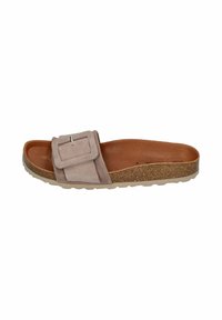 Suede sandal in light beige with a wide strap featuring a square buckle. Cork footbed and textured rubber outsole. Open-toe design.