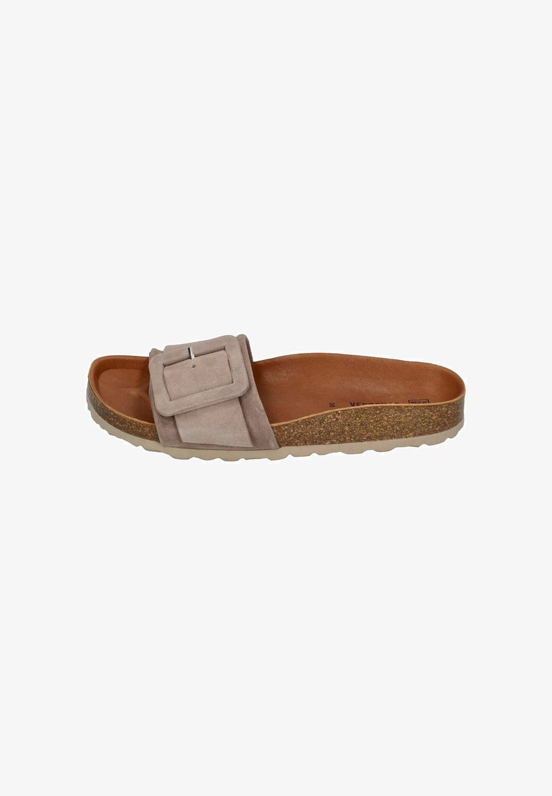 Suede sandal in light beige with a wide strap featuring a square buckle. Cork footbed and textured rubber outsole. Open-toe design.