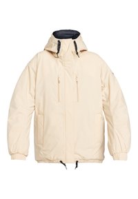 Giacca cappuccio di un beige chiaro, con zip frontale, polsini elasticizzati e due tasche sul petto con zip. Presenta un tessuto a trama e una fodera interna nera.
